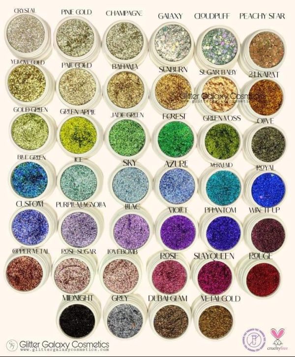 Glitter Galaxy Foiled Eyeshadow Single Pot Collection featuring multicolor shimmer, metallic, and glitter pigment shades in individual eyeshadow pots.