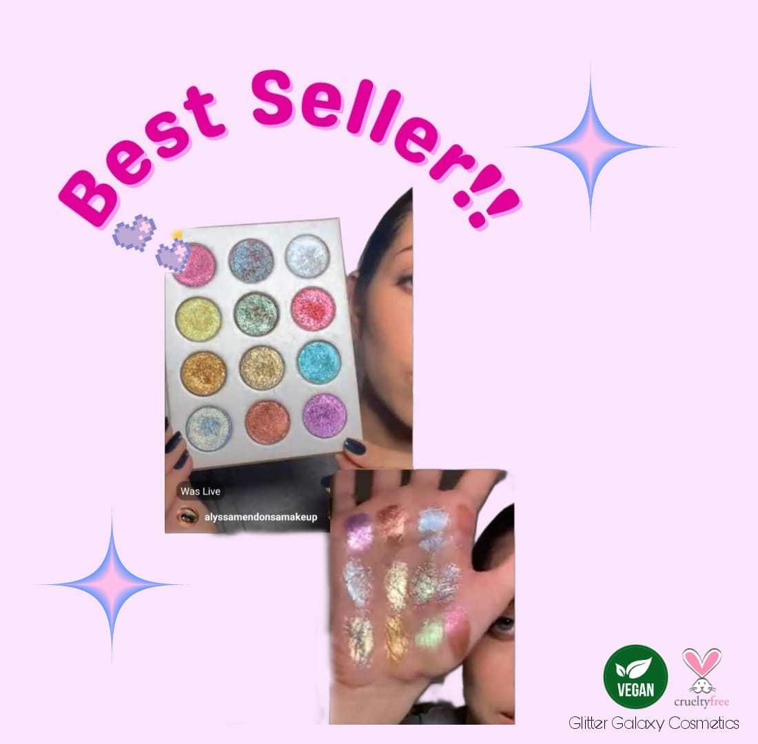 Glitter Galaxy best-selling glitter eyeshadow palette with multicolor shimmer and metallic eye makeup shades and swatches.