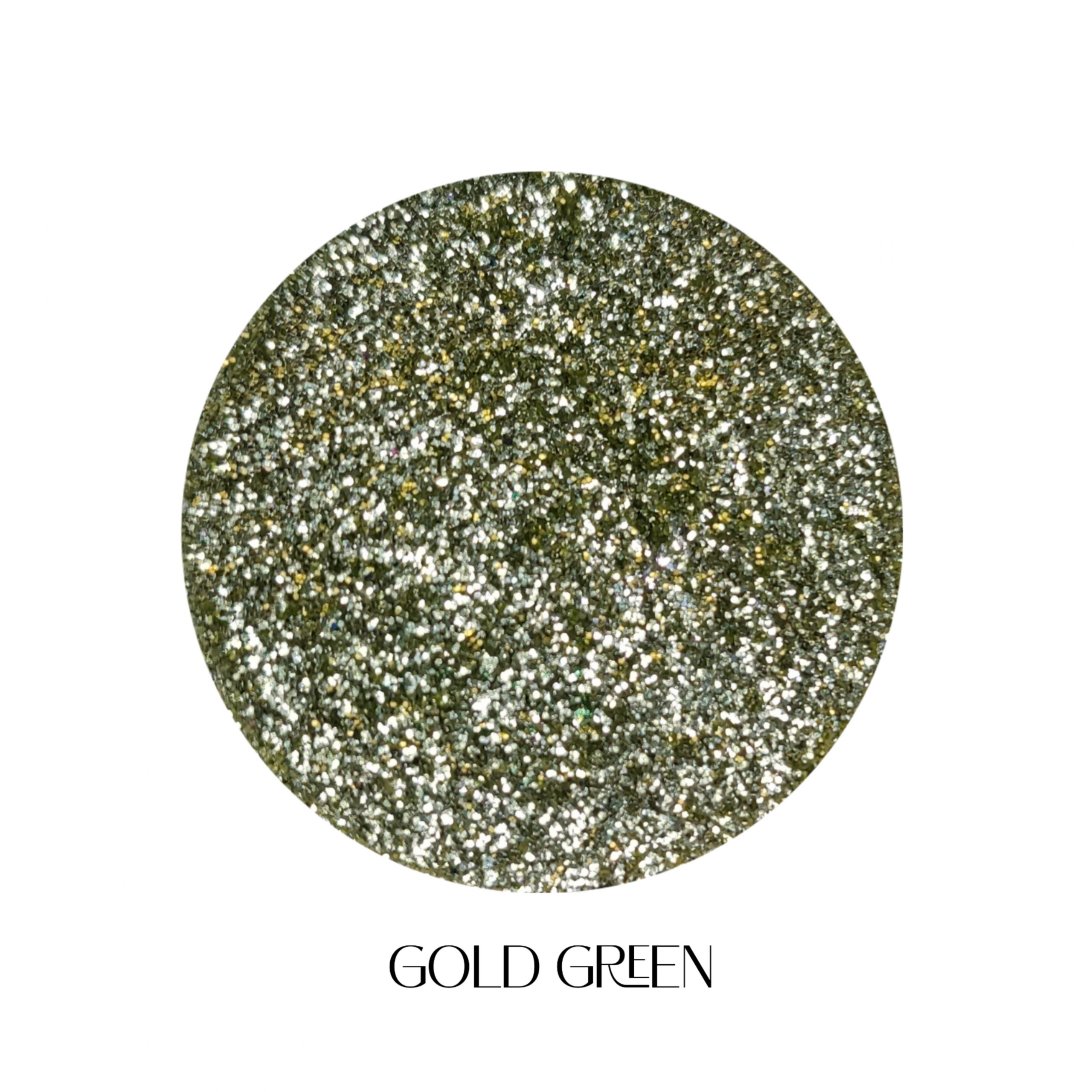 Glitter Galaxy Cosmetics Gold Green holographic cosmetic glitter featuring ultra-fine olive gold shimmer with green, champagne, and rainbow reflective multidimensional sparkle.