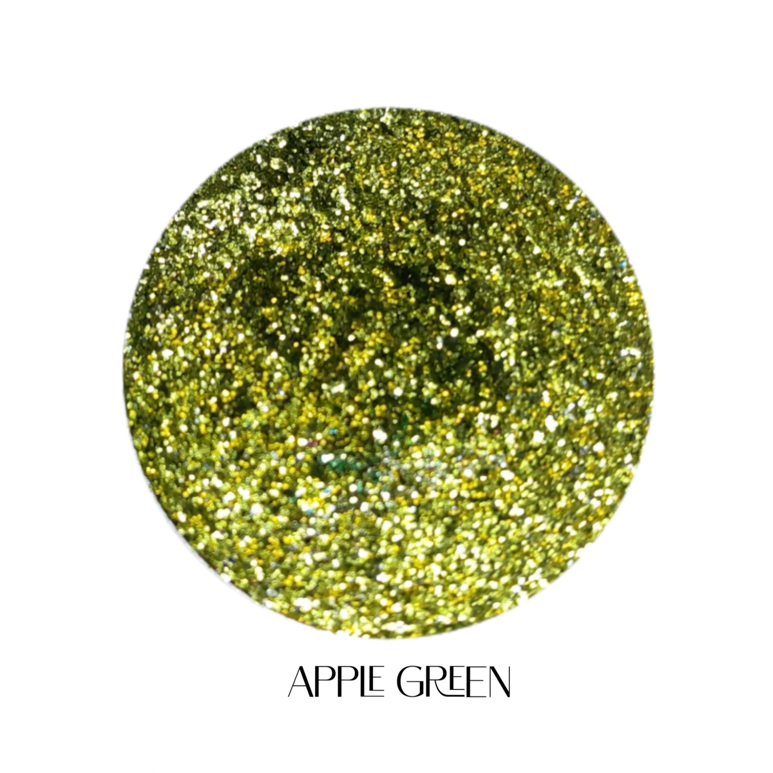 Glitter Galaxy Cosmetics Apple Green holographic cosmetic glitter featuring ultra-fine lime green shimmer with yellow-green, gold, and rainbow reflective multidimensional sparkle.
