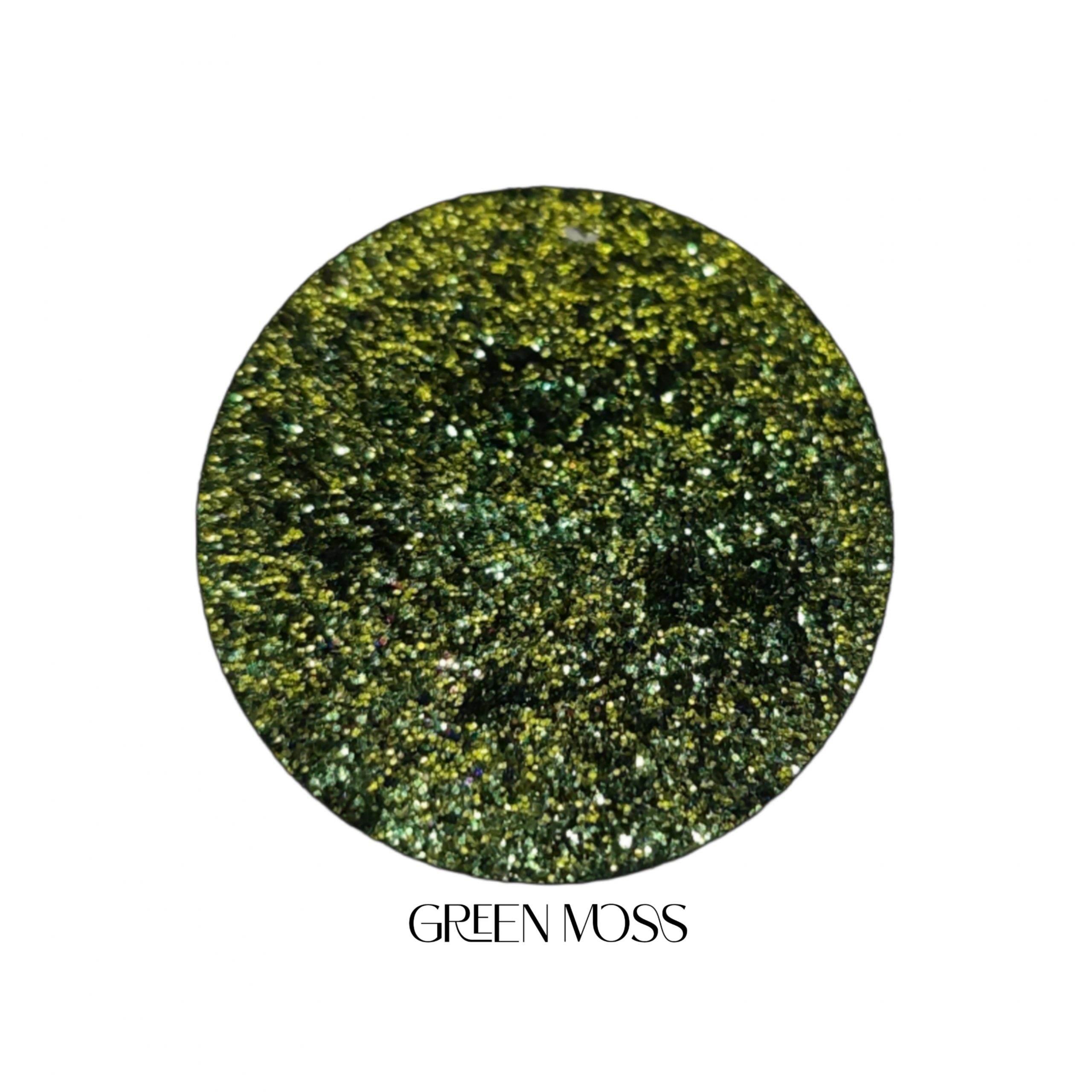 Glitter Galaxy Cosmetics Green Moss holographic cosmetic glitter featuring ultra-fine olive green shimmer with moss green, antique gold, and rainbow reflective multidimensional sparkle.