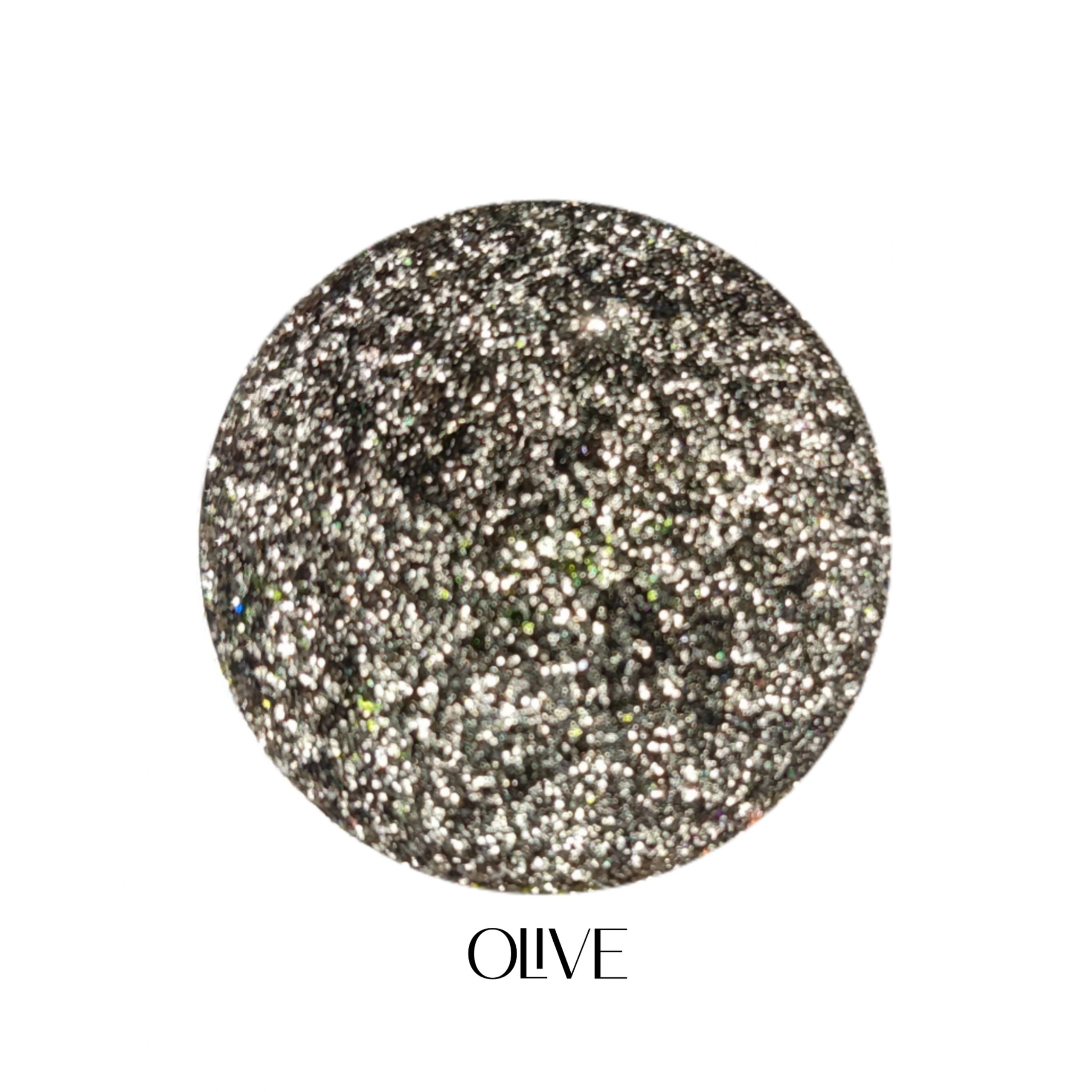 Glitter Galaxy Cosmetics Olive holographic cosmetic glitter featuring ultra-fine olive silver shimmer with taupe, champagne, and rainbow reflective multidimensional sparkle.
