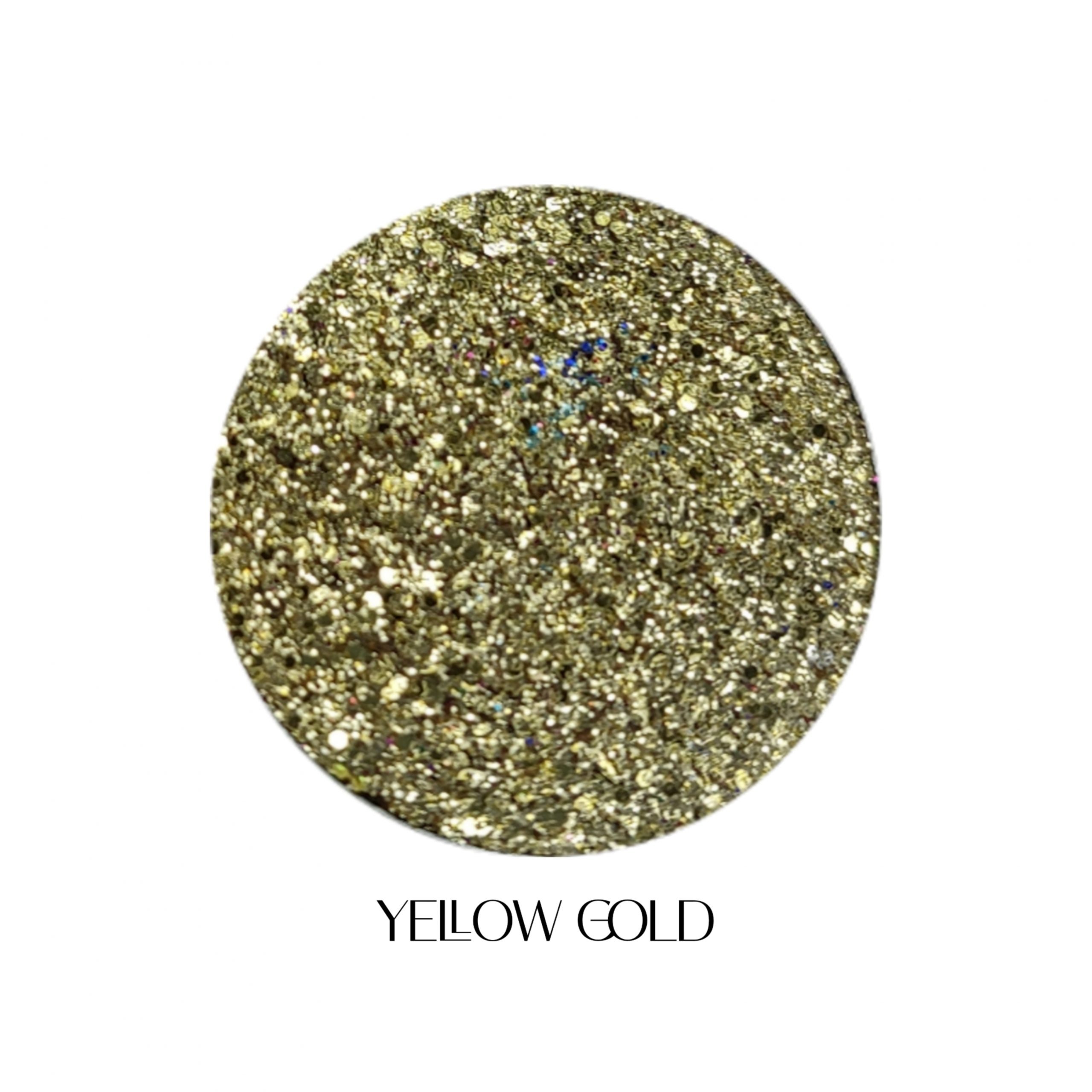 Glitter Galaxy Cosmetics Yellow Gold holographic cosmetic glitter featuring ultra-fine yellow gold shimmer with warm golden and rainbow reflective multidimensional sparkle.