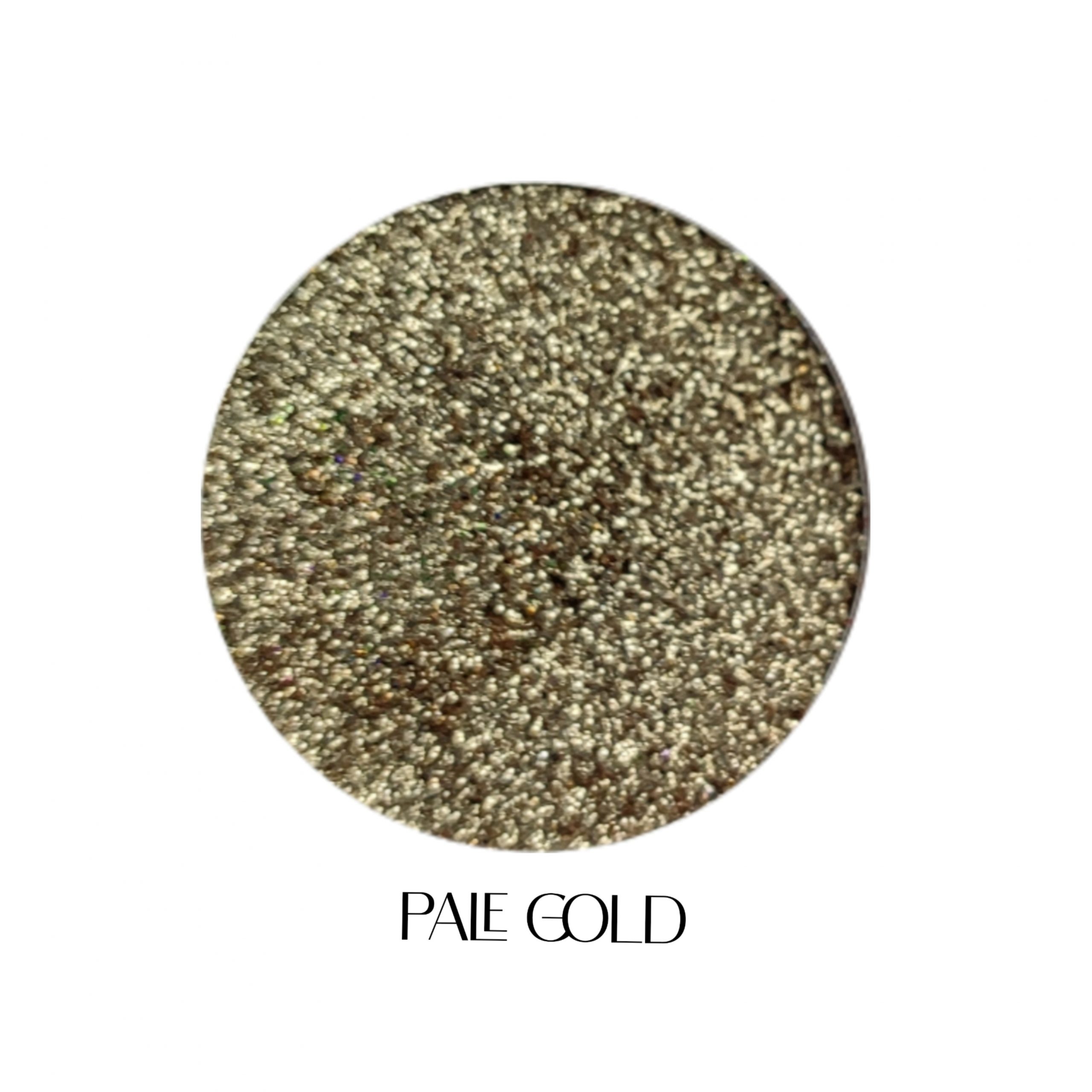 Glitter Galaxy Cosmetics Pale Gold holographic cosmetic glitter featuring ultra-fine soft gold shimmer with champagne, ivory, and rainbow reflective multidimensional sparkle.