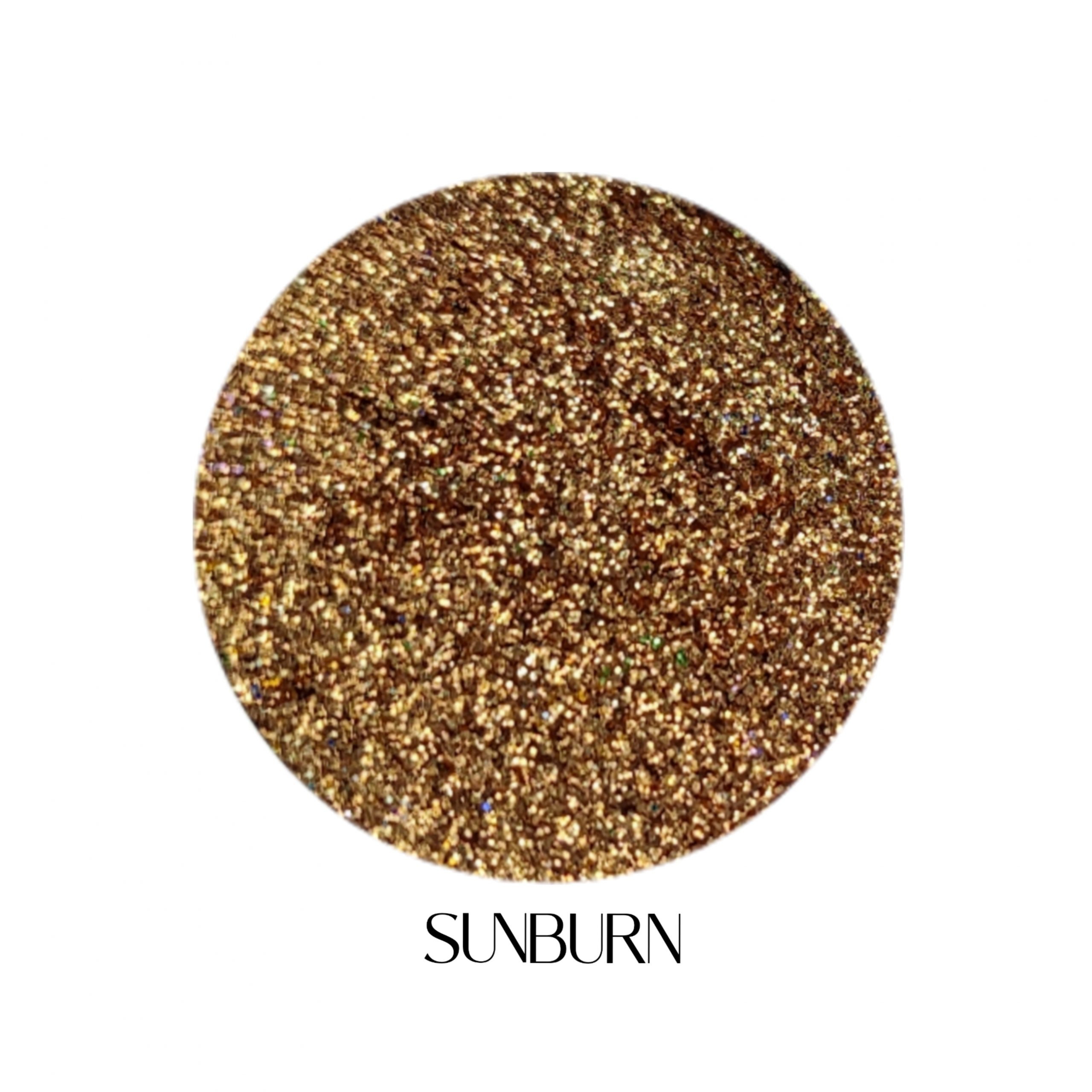 Glitter Galaxy Cosmetics Sunburn holographic cosmetic glitter featuring ultra-fine bronze gold shimmer with warm copper and rainbow reflective multidimensional sparkle.