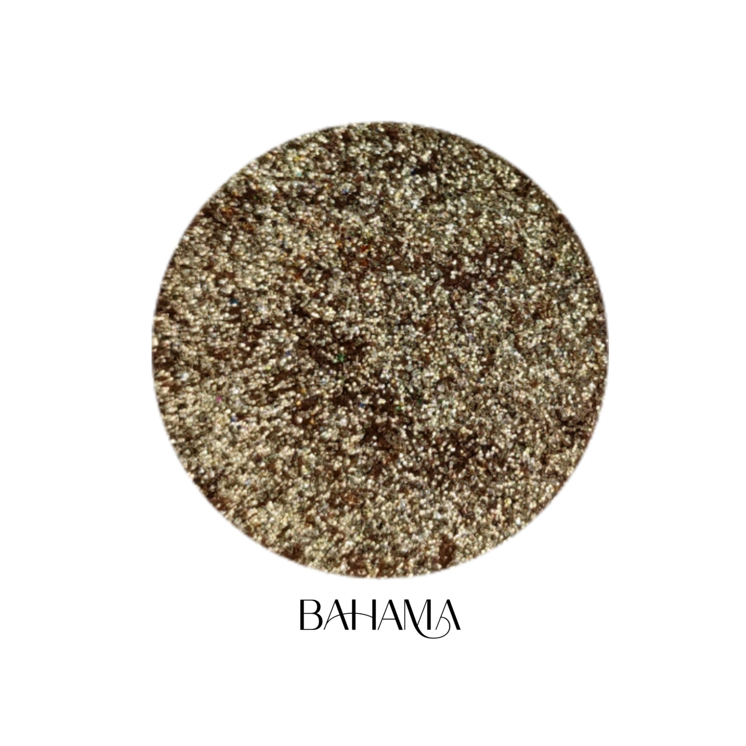 Glitter Galaxy Cosmetics Bahama holographic cosmetic glitter featuring ultra-fine champagne bronze shimmer with warm gold, taupe, and rainbow reflective multidimensional sparkle.