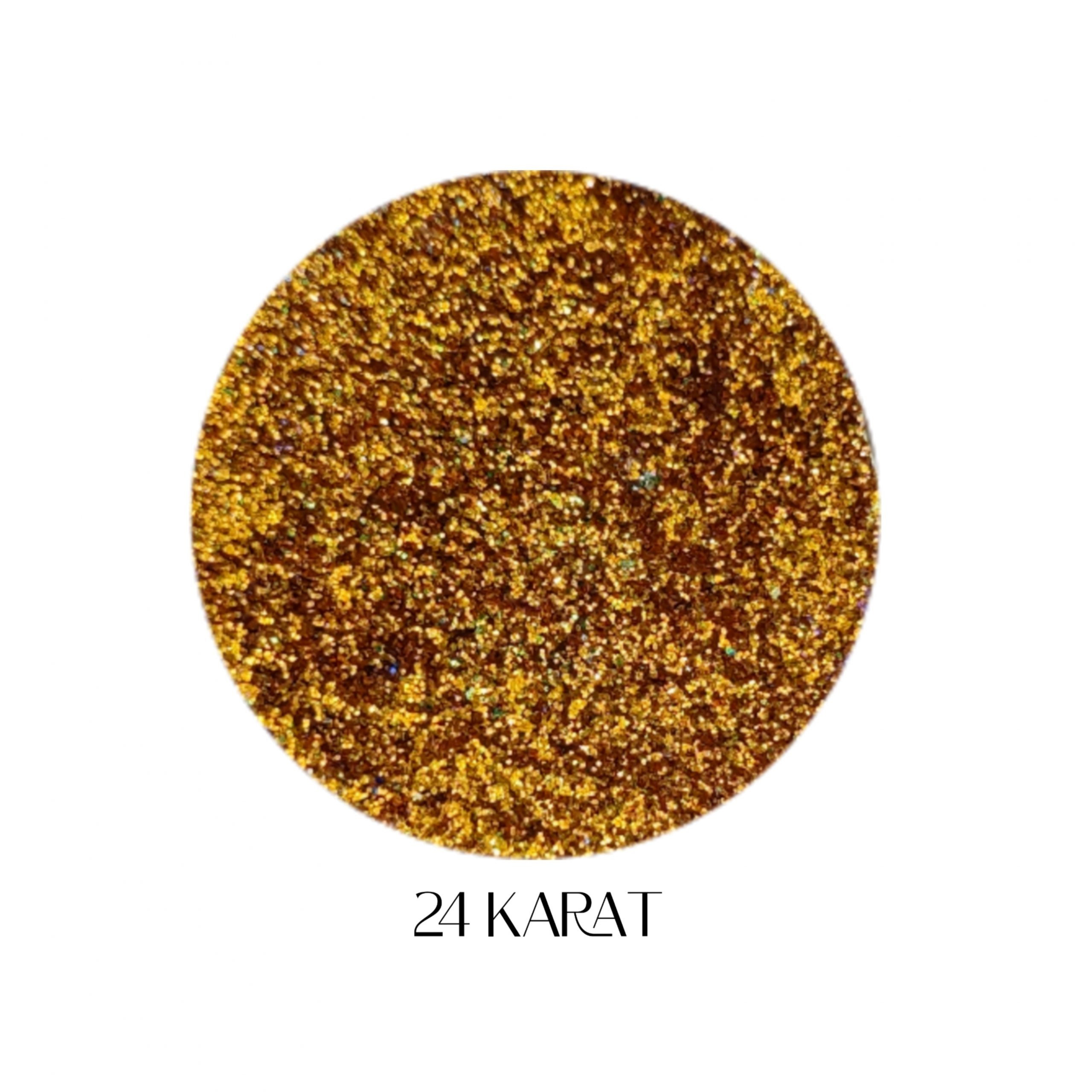 Glitter Galaxy Cosmetics 24 Karat holographic cosmetic glitter featuring ultra-fine rich gold shimmer with metallic golden and rainbow reflective multidimensional sparkle.
