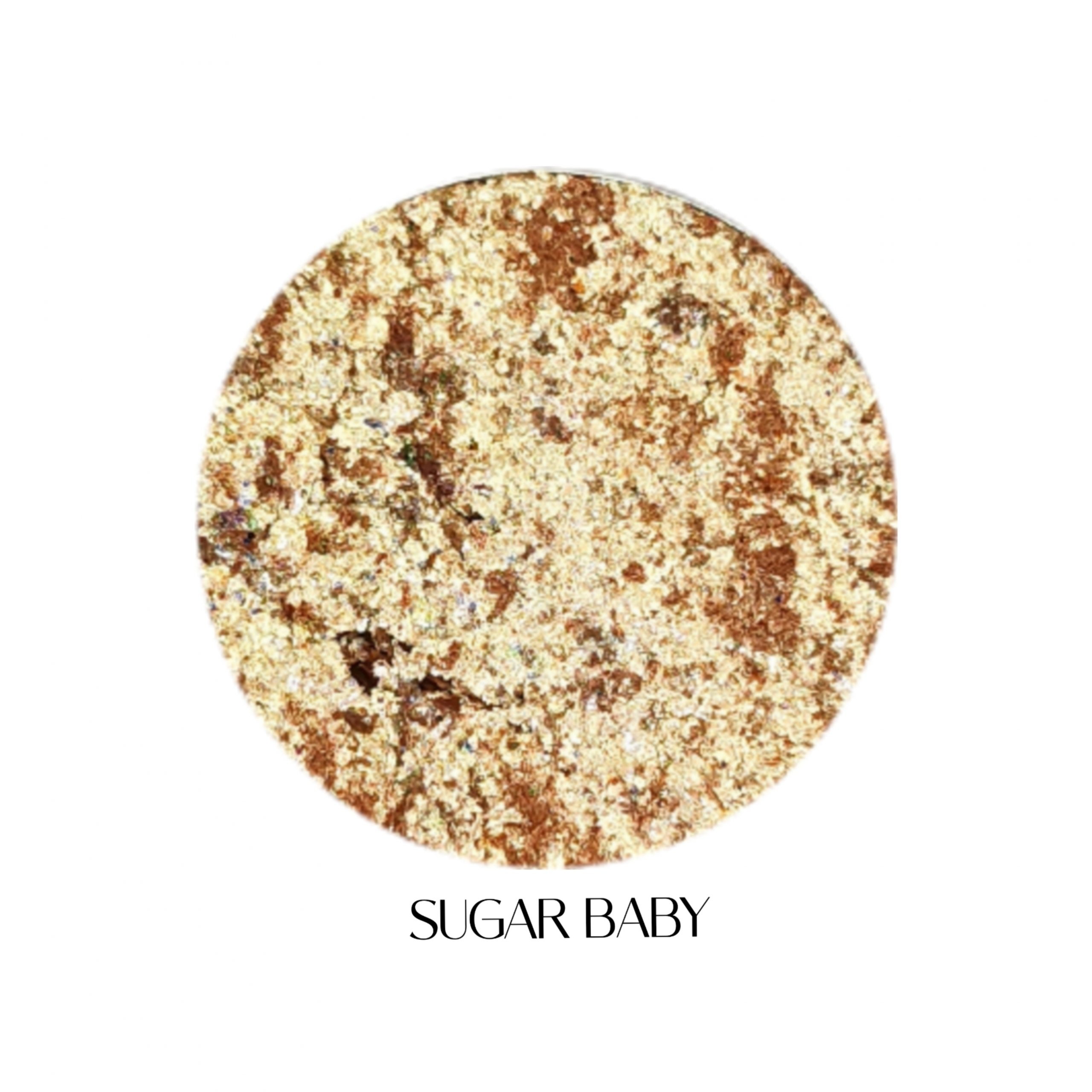 Glitter Galaxy Cosmetics Sugar Baby chunky cosmetic glitter featuring champagne gold, ivory, warm gold, and reflective metallic glitter flakes with a luminous multidimensional finish.
