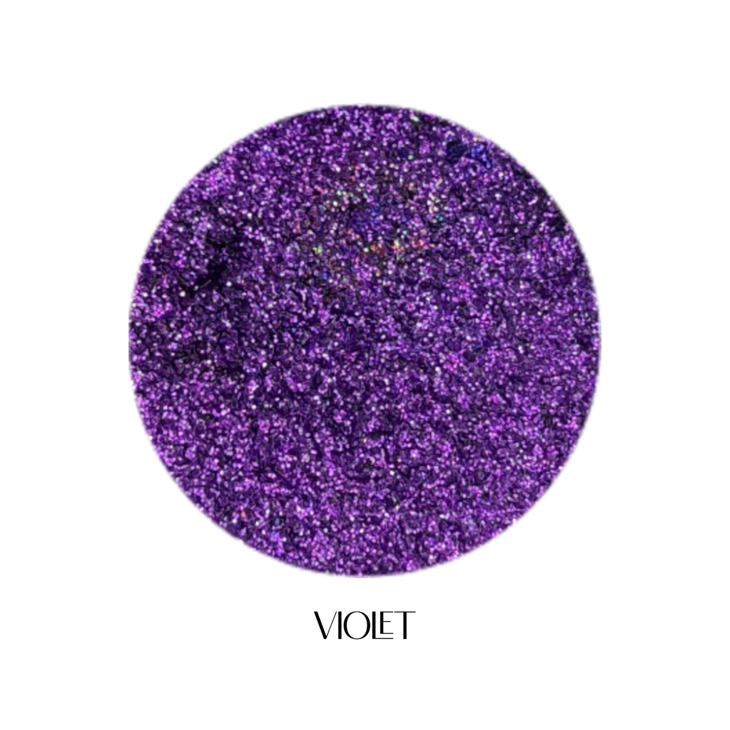 Glitter Galaxy Cosmetics Violet holographic cosmetic glitter featuring ultra-fine vibrant purple shimmer with violet, plum, and rainbow reflective multidimensional sparkle.