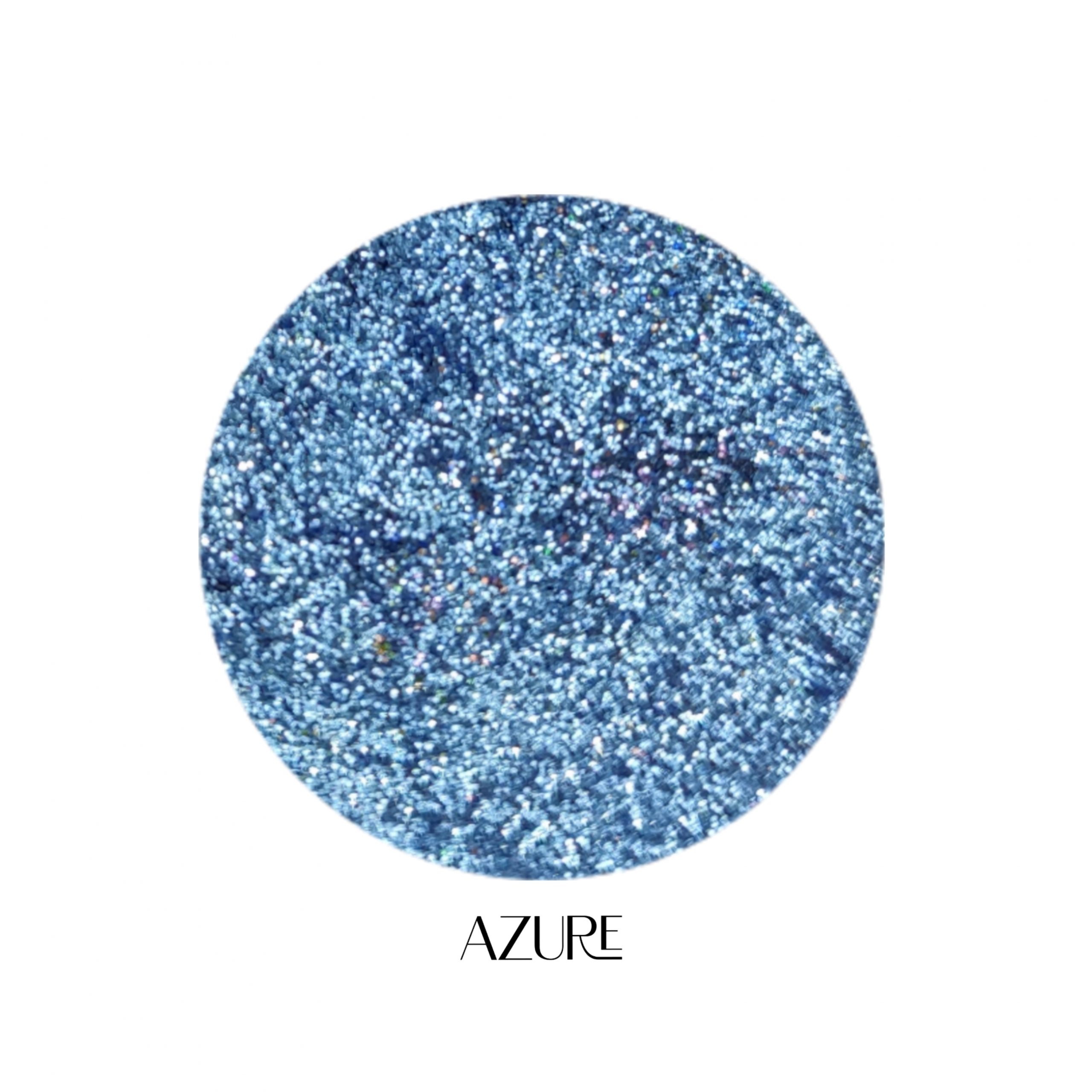Glitter Galaxy Cosmetics Azure holographic cosmetic glitter featuring ultra-fine icy blue shimmer with silver and rainbow reflective multidimensional sparkle.