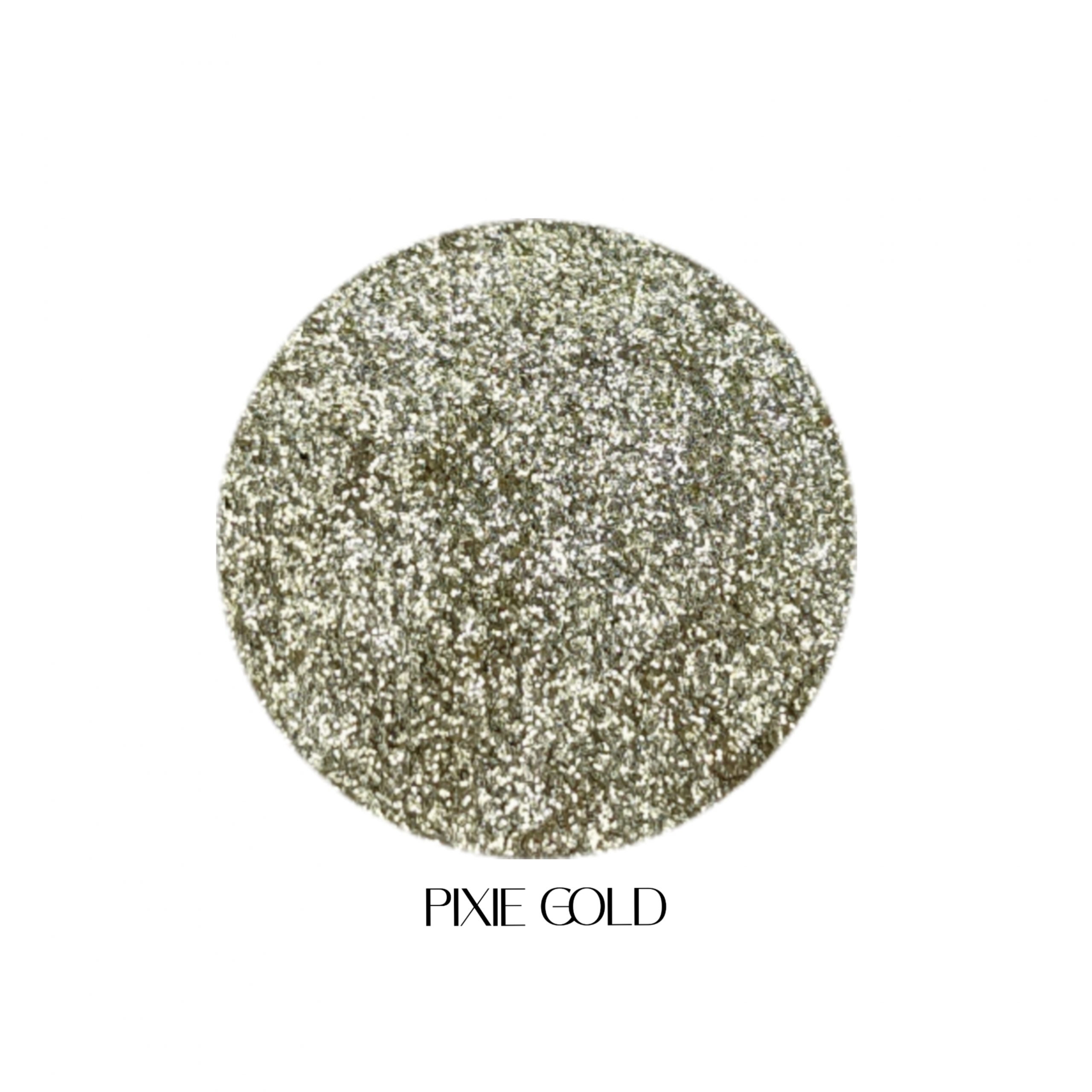 Glitter Galaxy Cosmetics Pixie Gold holographic cosmetic glitter featuring ultra-fine champagne gold shimmer with silver and rainbow reflective multidimensional sparkle.