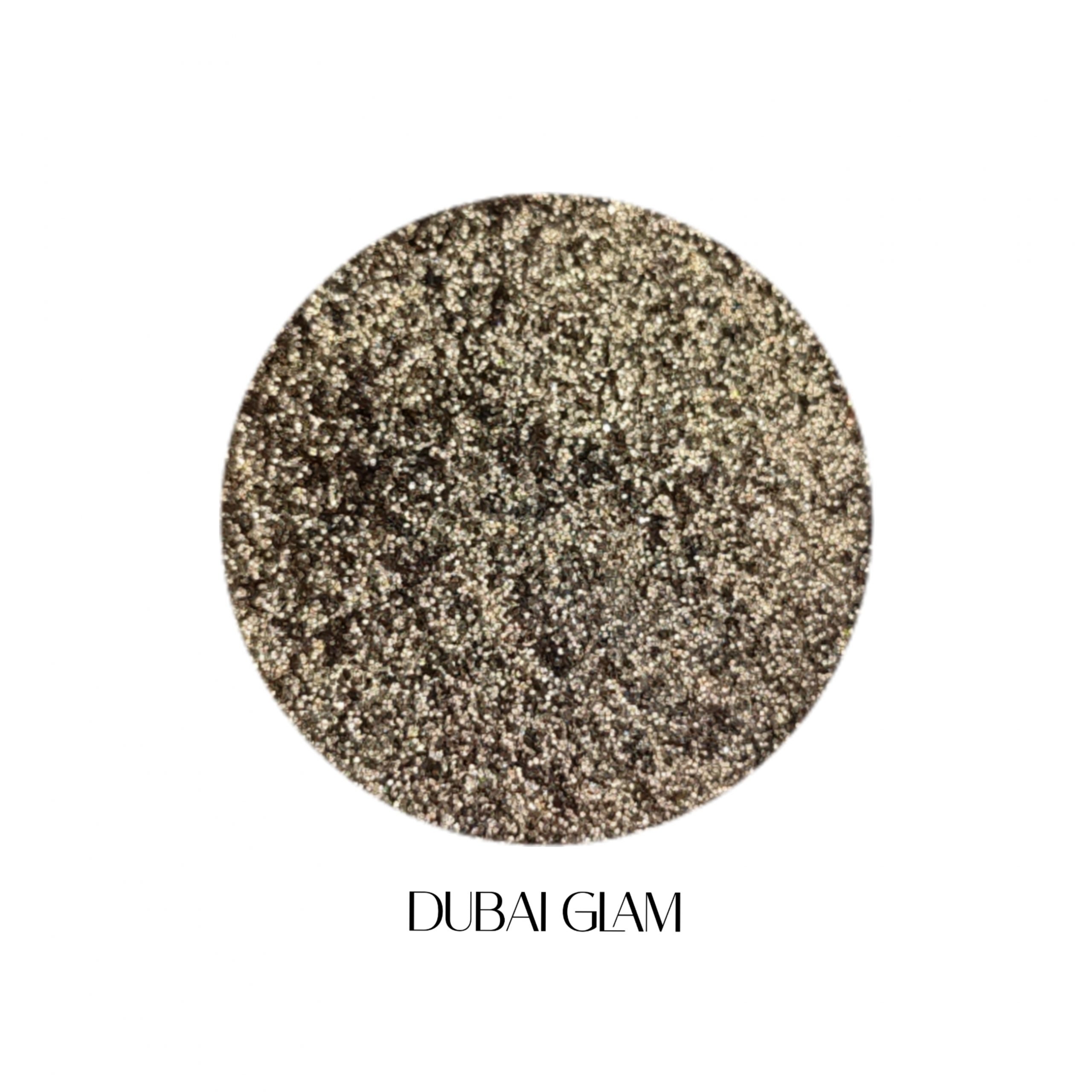 Glitter Galaxy Cosmetics Dubai Glam holographic cosmetic glitter featuring ultra-fine bronze gold shimmer with champagne, antique gold, and rainbow reflective multidimensional sparkle.