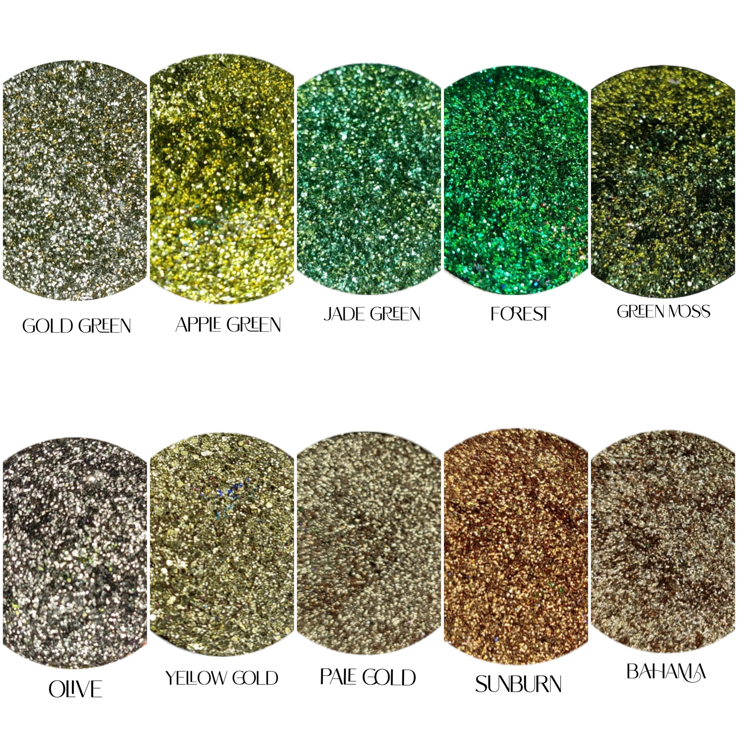 Glitter Galaxy Cosmetics green holographic glitter collection featuring Gold Green, Apple Green, Jade Green, Forest, Green Moss, Olive, Yellow Gold, Pale Gold, Sunburn, and Bahama cosmetic glitter shades.