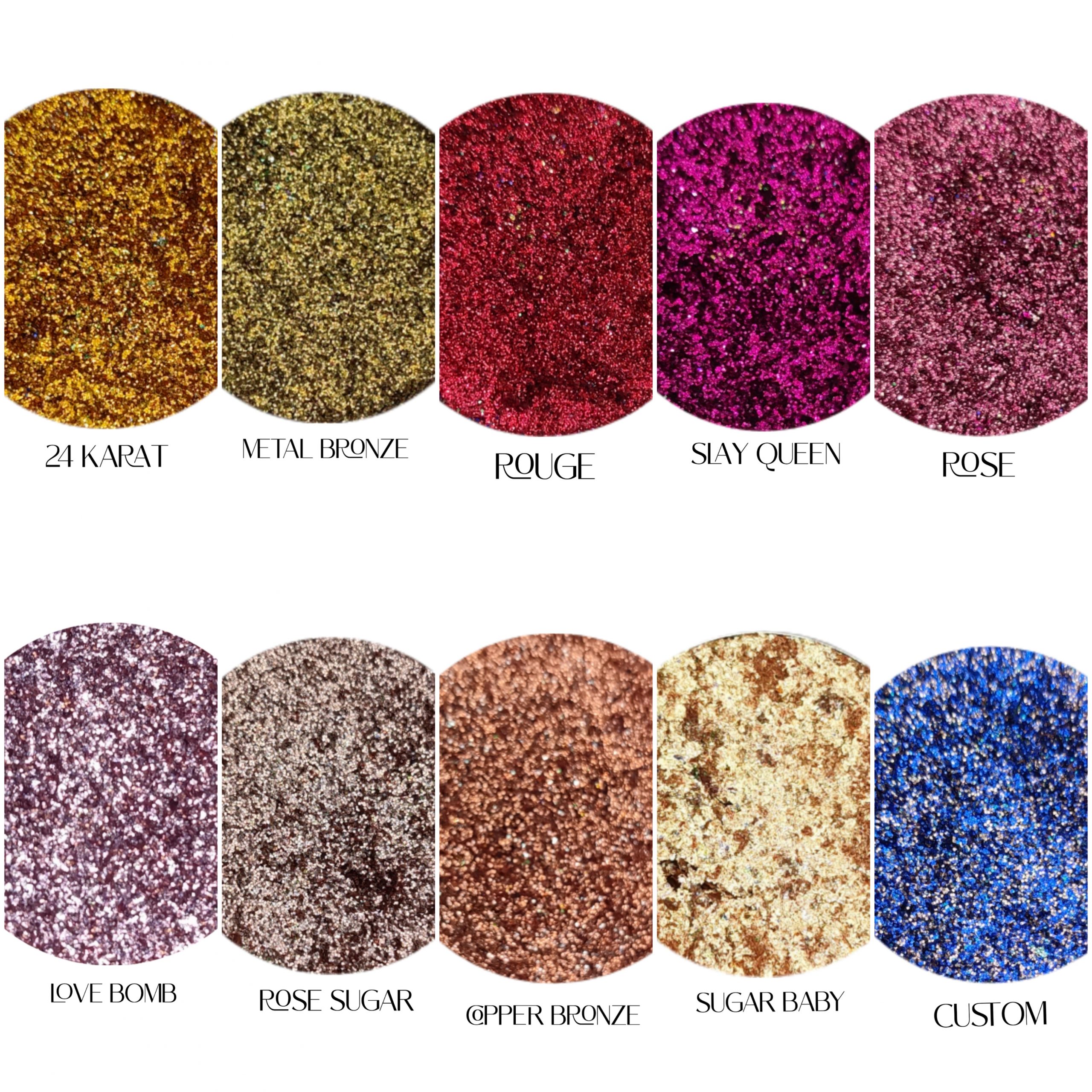 Glitter Galaxy Cosmetics holographic glitter collection featuring 24 Karat, Metal Bronze, Rouge, Slay Queen, Rose, Love Bomb, Rose Sugar, Copper Bronze, Sugar Baby, and Custom cosmetic glitter shades.