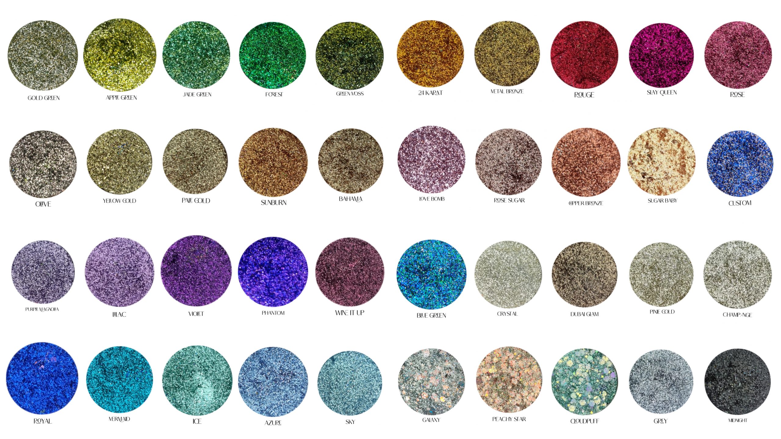 Glitter Galaxy Cosmetics complete holographic glitter collection featuring green, gold, bronze, pink, purple, blue, silver, and chunky cosmetic glitter shades with holographic and multidimensional finishes.