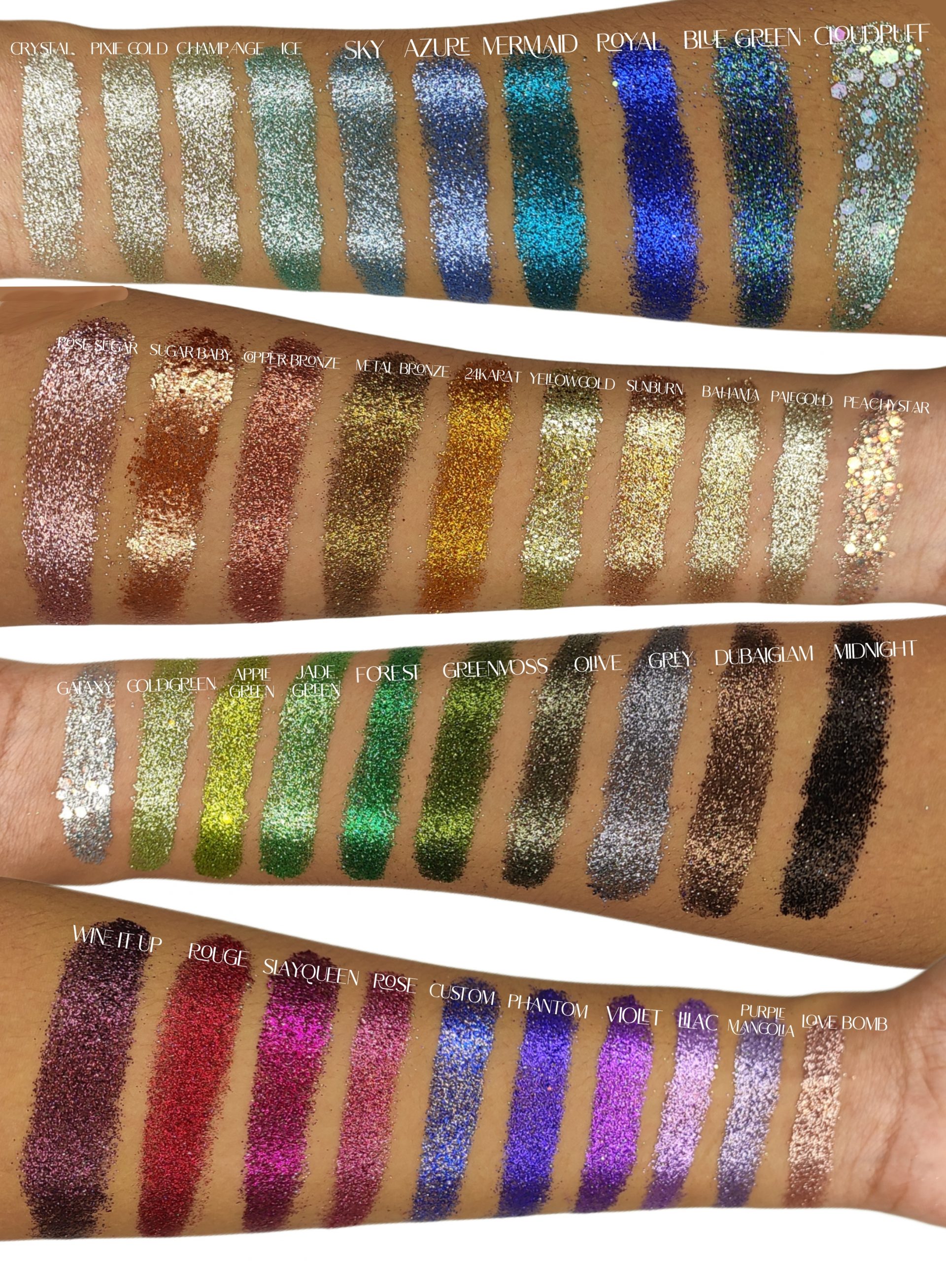Glitter Galaxy multichrome glitter pigment swatches featuring holographic shimmer eyeshadow shades with metallic reflective color-shift finish.