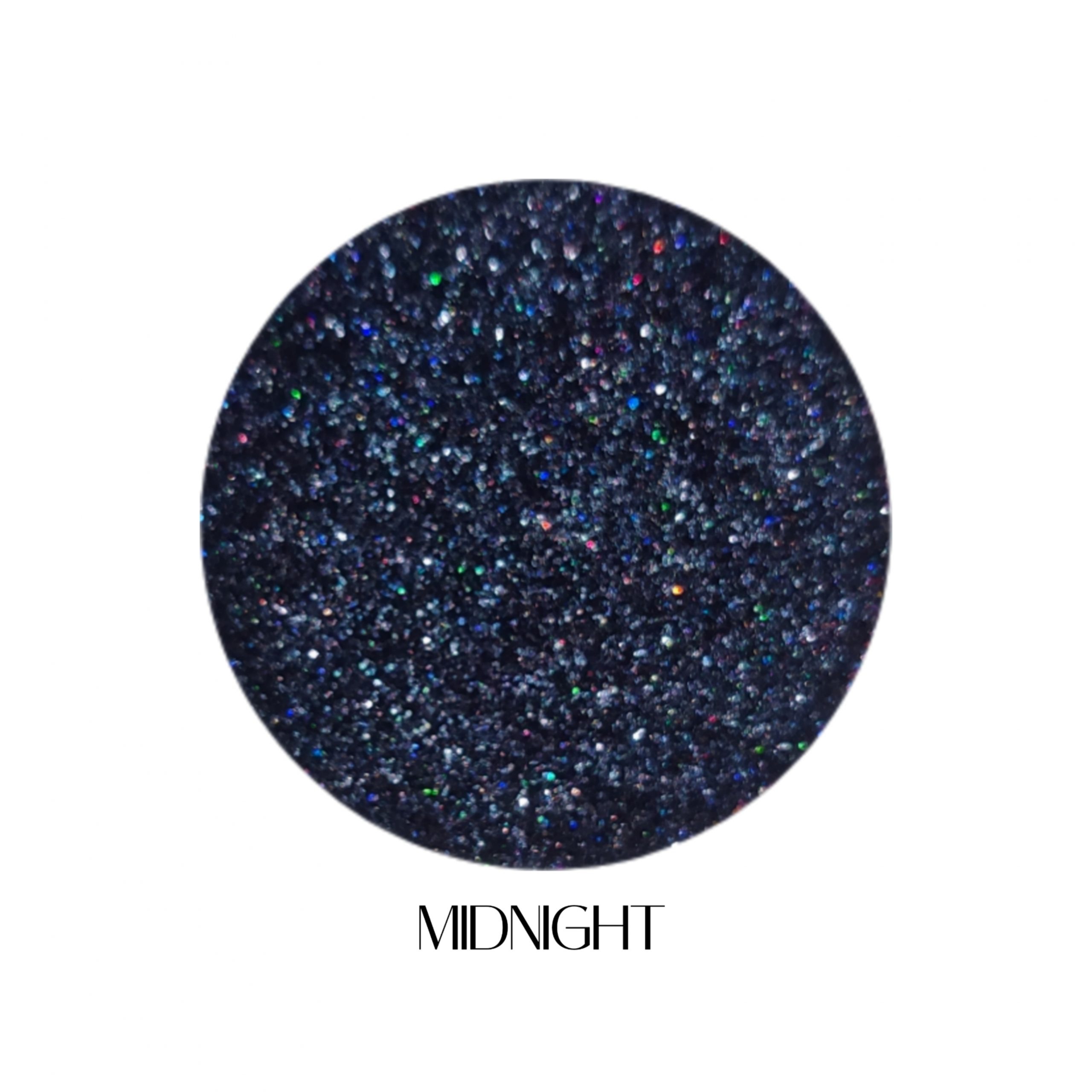 glitter galaxy cosmetics midnight holographic cosmetic glitter featuring ultra-fine midnight blue shimmer with silver and rainbow reflective multidimensional sparkle.