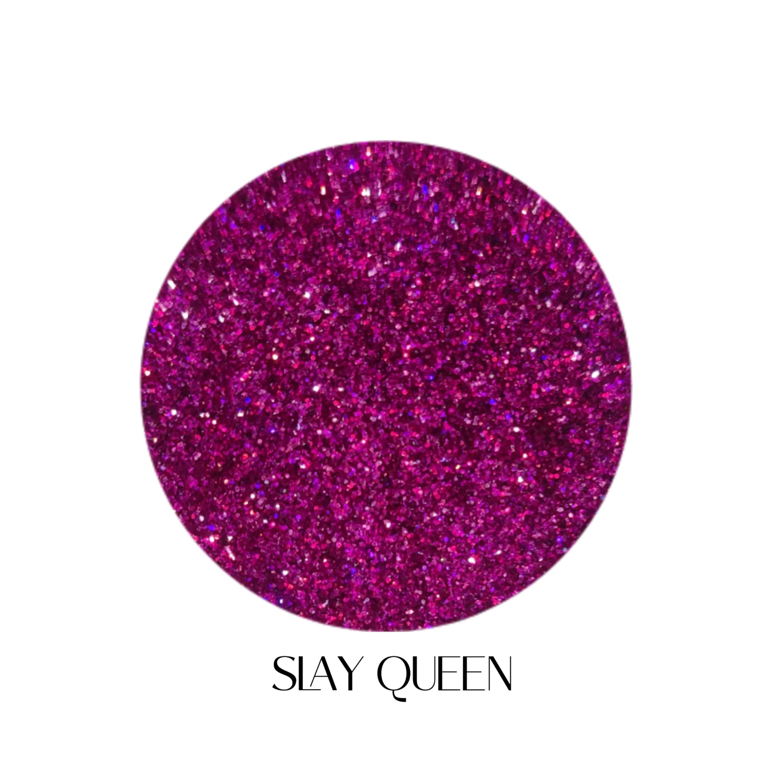 glitter galaxy cosmetics slay queen holographic cosmetic glitter featuring ultra-fine fuchsia pink shimmer with vibrant rainbow reflective multidimensional sparkle.