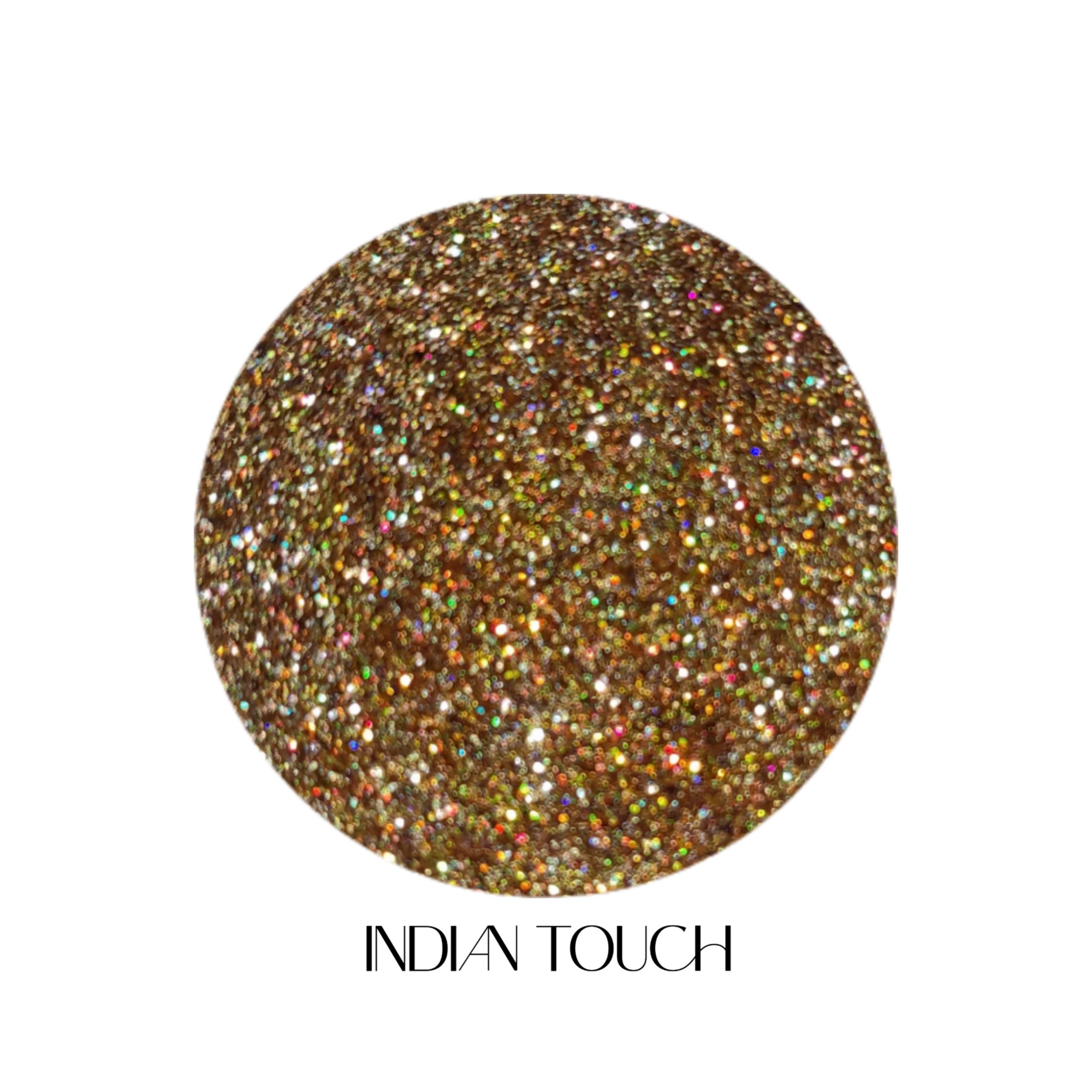 glitter galaxy cosmetics indian touch holographic cosmetic glitter featuring ultra-fine antique gold shimmer with warm bronze and rainbow reflective sparkle.