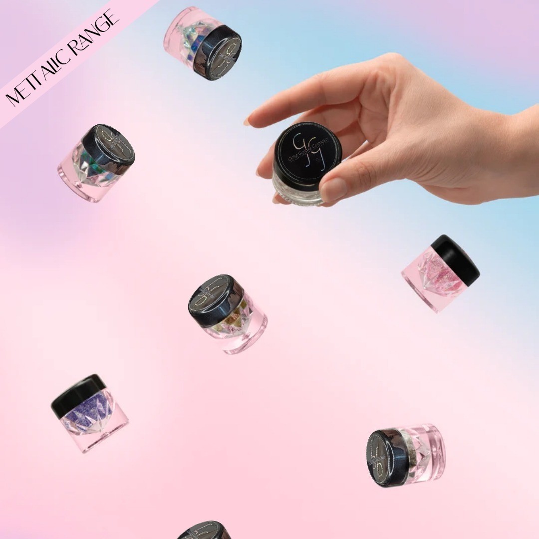 floating metallic glitter pots from glitter galaxy cosmetics featuring holographic cosmetic glitters in premium crystal packaging.