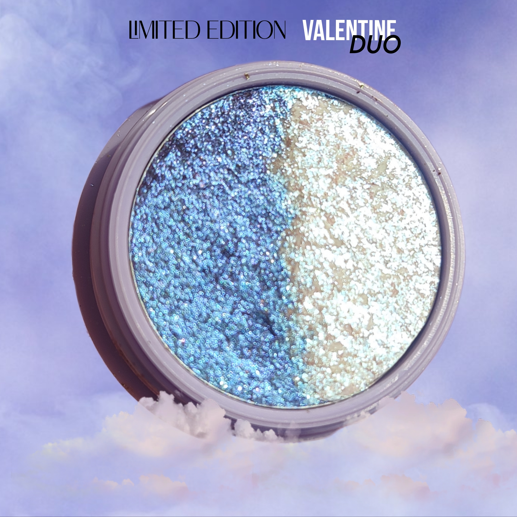 glitter galaxy limited edition valentine duo eyeshadow featuring blue and silver foiled shimmer with high-pigment metallic finish for eye makeup.