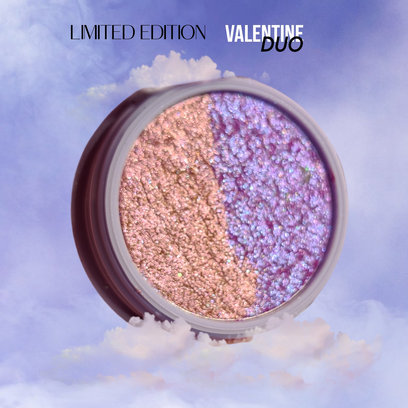 glitter galaxy limited edition valentine duo eyeshadow featuring rose gold and lilac multichrome foiled shimmer with high-pigment metallic finish.