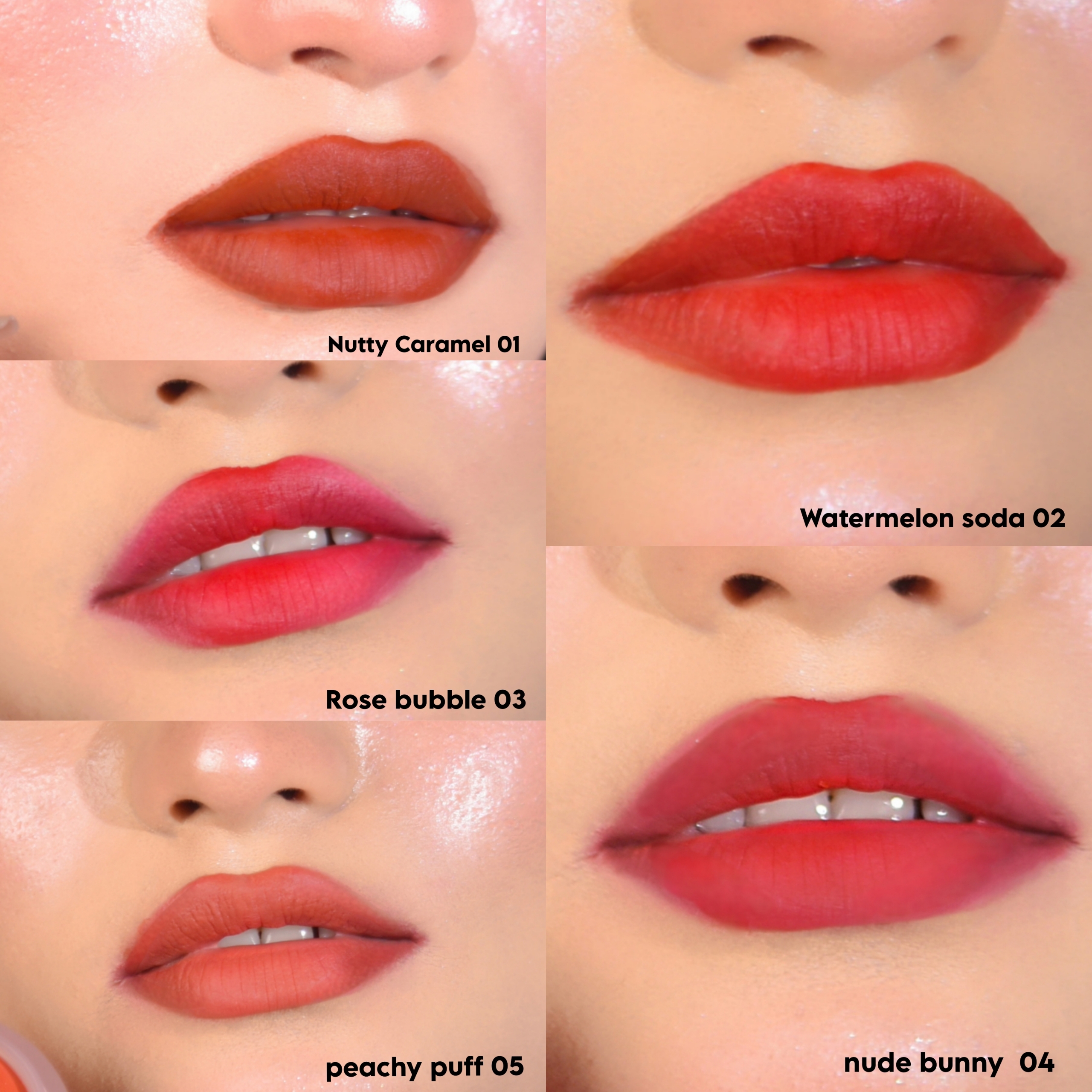 glitter galaxy velvet mousse mud lipstick shade chart featuring nutty caramel 01, watermelon soda 02, rose bubble 03, nude bunny 04, and peachy puff 05 matte shades.