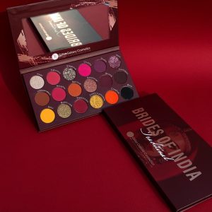 Glitter Galaxy Brides of India Traditional eyeshadow palette with matte, shimmer, and glitter shades in luxury bridal makeup packaging.