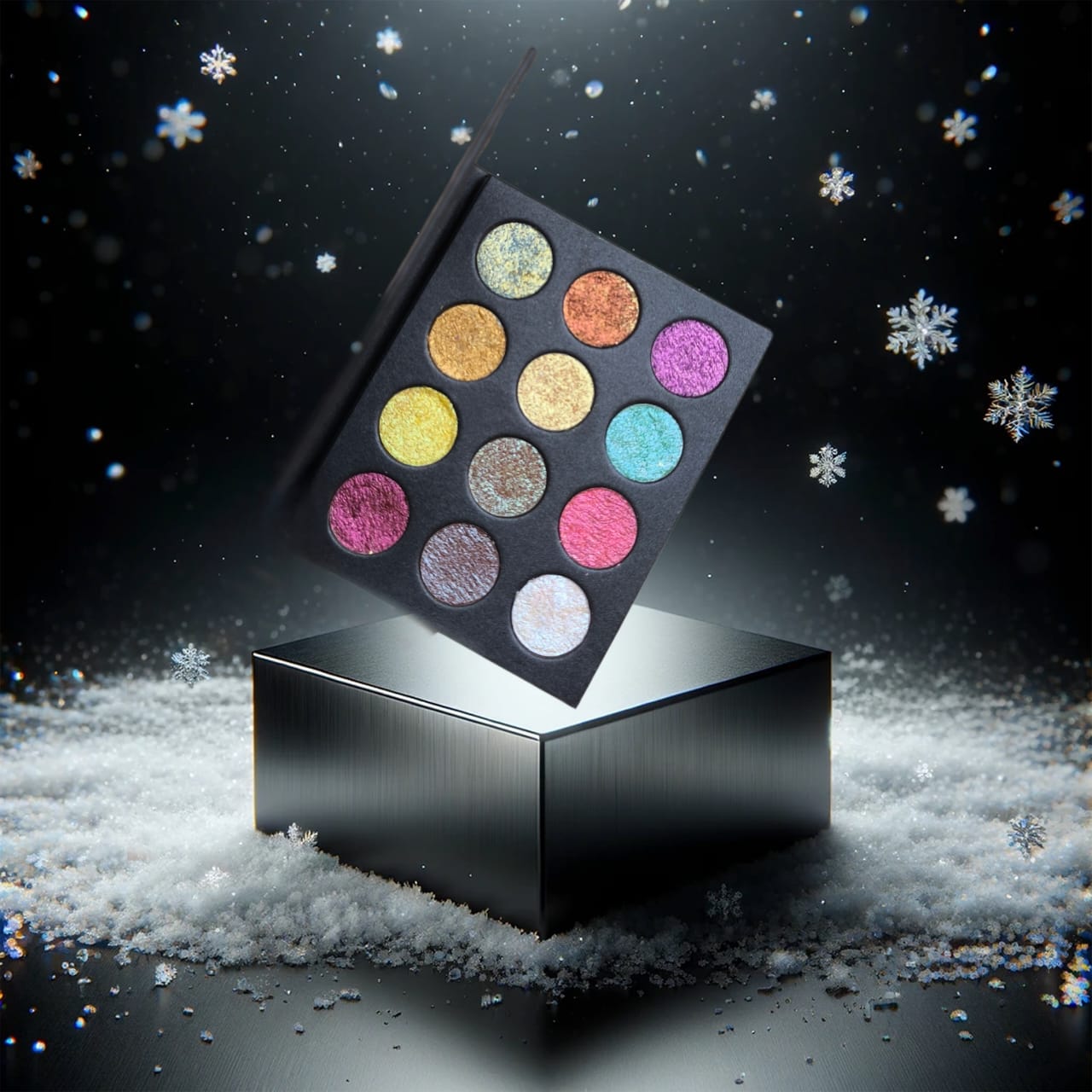Glitter Galaxy luxury glitter eyeshadow palette with multicolor shimmer and metallic eyeshadow shades on a premium display.