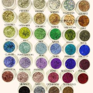 Glitter Galaxy loose glitter pigment shade collection featuring holographic, multichrome, metallic, and shimmer eye makeup pigments.