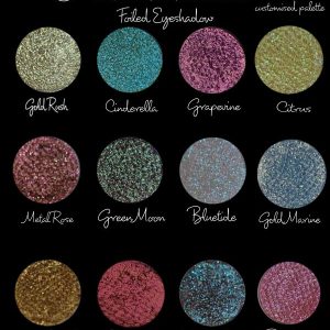 Glitter Galaxy Foiled Eyeshadow Collection featuring Gold Rush, Cinderella, Grapevine, Citrus, Metal Rose, Green Moon, Blue Icicle, Gold Marine, Honey Drizzle, Peach Pink, Wonderland, and Pastel Pop shimmer shades.